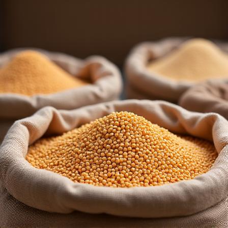 Sacchi di iuta pieni di chicchi di grano antico