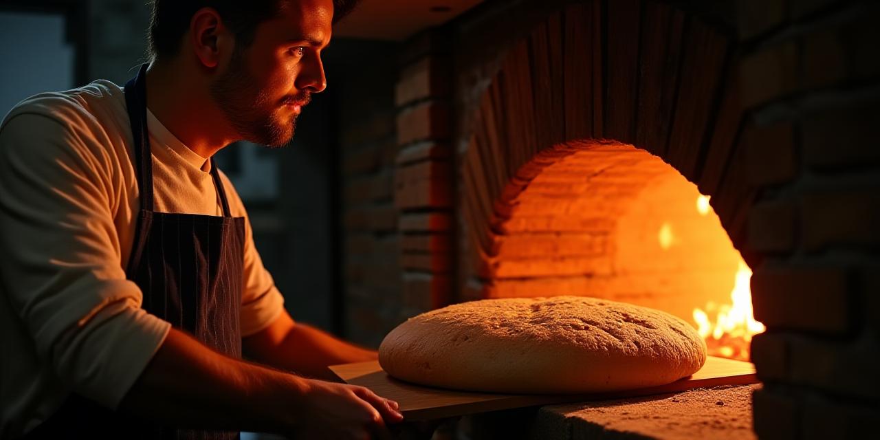Maestro panificatore al lavoro in un forno storico a legna