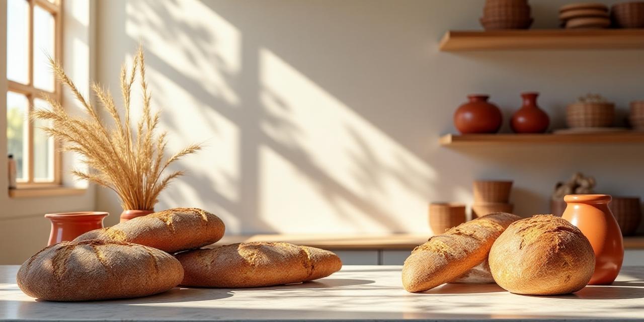 Un banco di panificazione ispirato all'Antica Roma con pani artigianali e cereali antichi