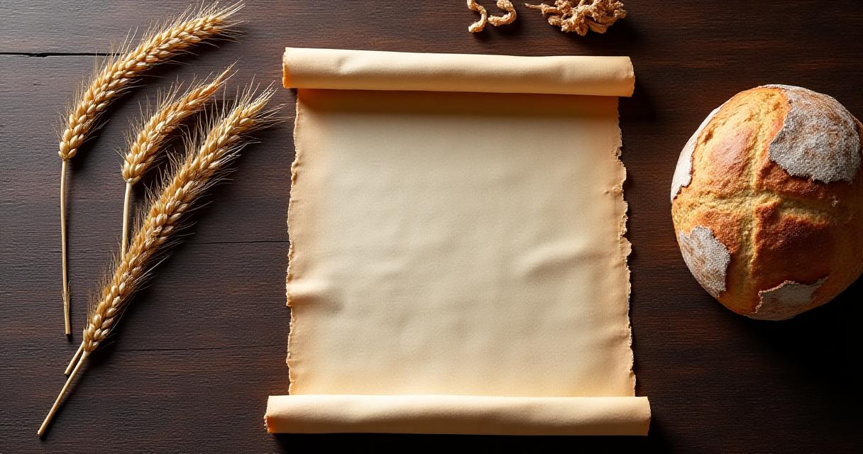 Un rotolo di pergamena antica accanto a spighe di grano su un tavolo di legno scuro
